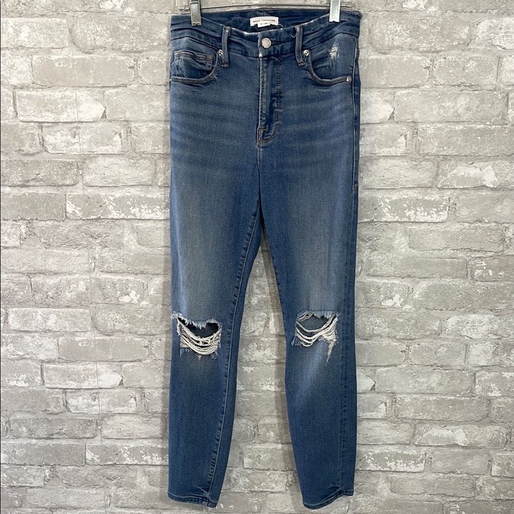 Good American Blue Skinny Jeans with Distressed Knees